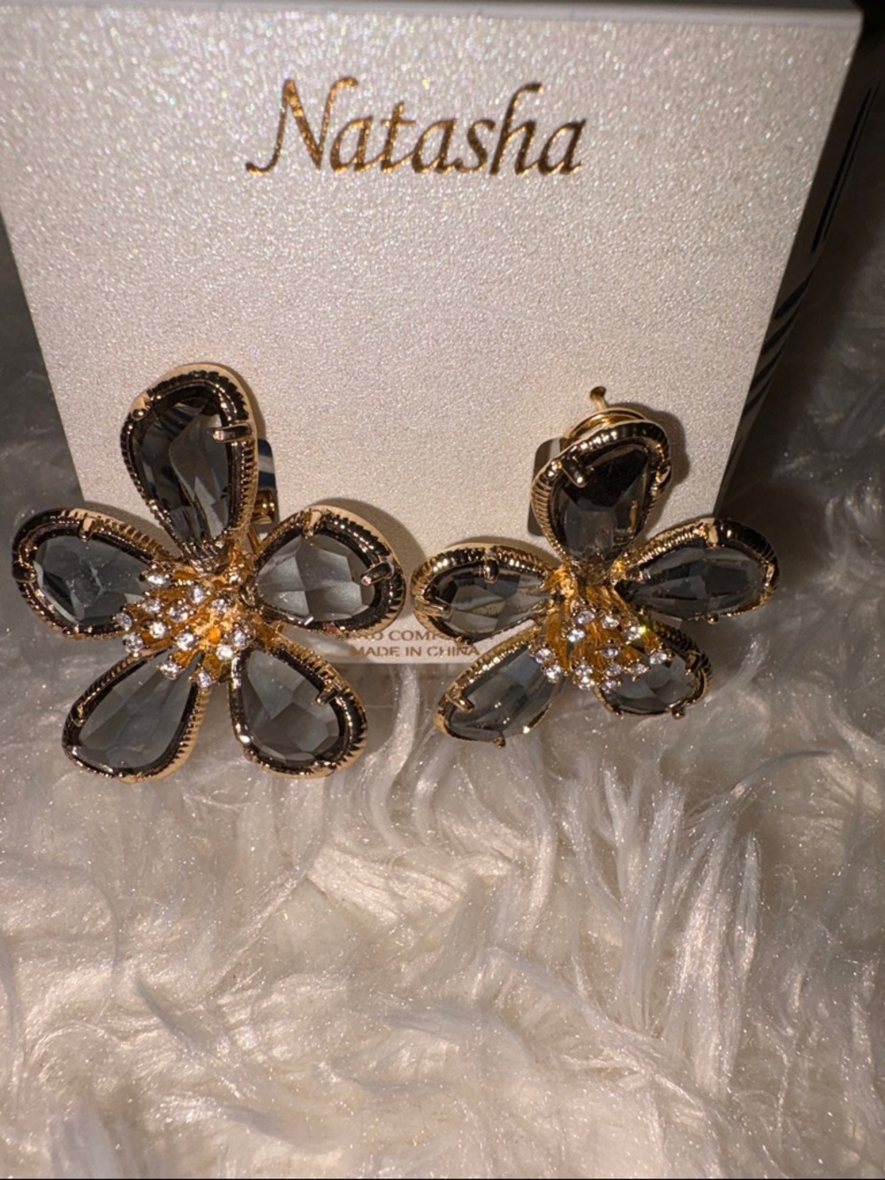 Natasha Couture Gold and Smoky Crystal Floral Earrings